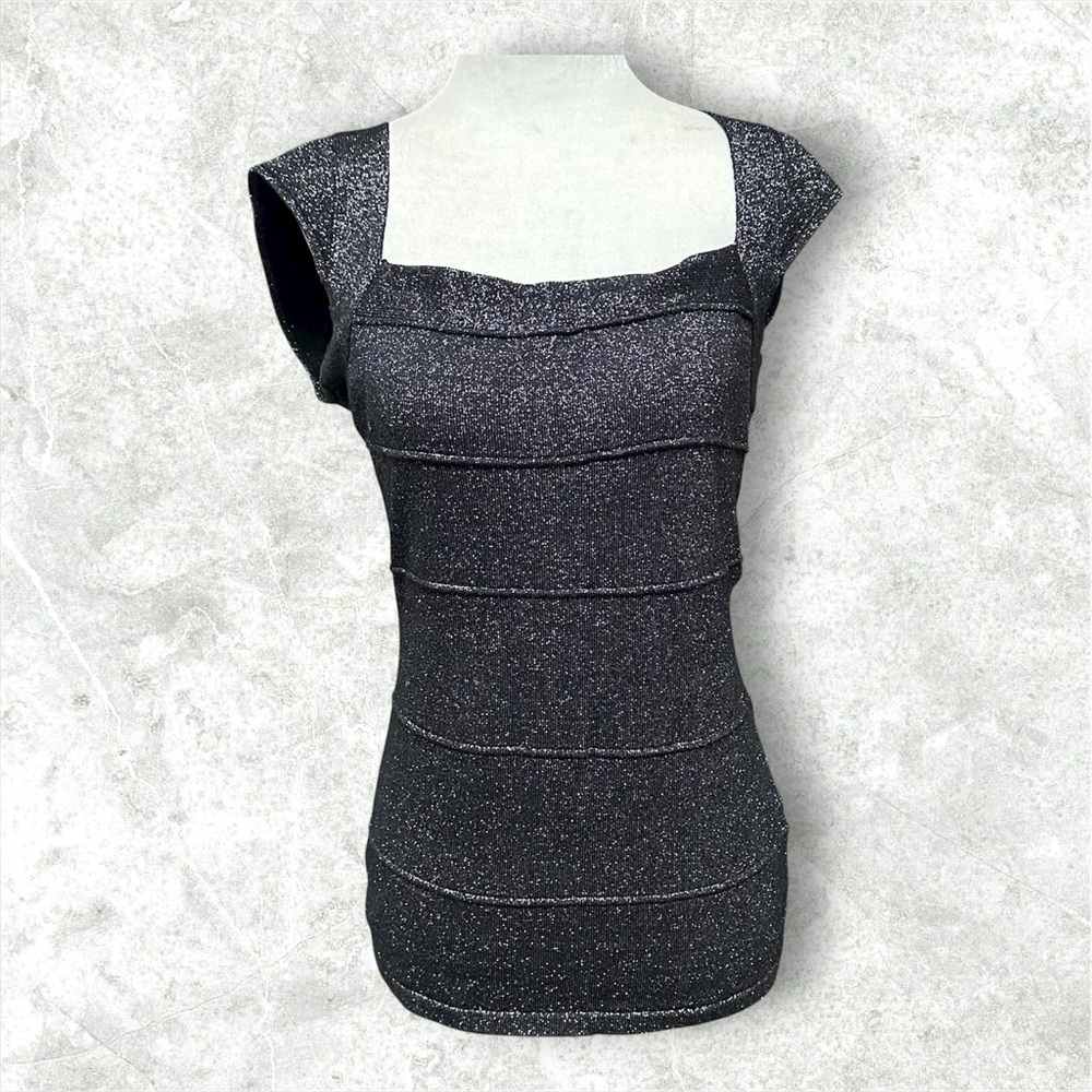 Le Chateau Vintage Black Glitter Stretch Cap Sleeve Top M